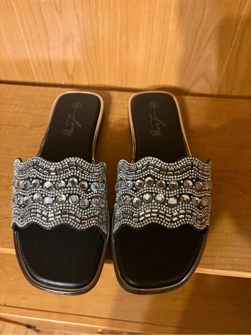 Beaded Black Slide Mules with Silver Crystal Accents